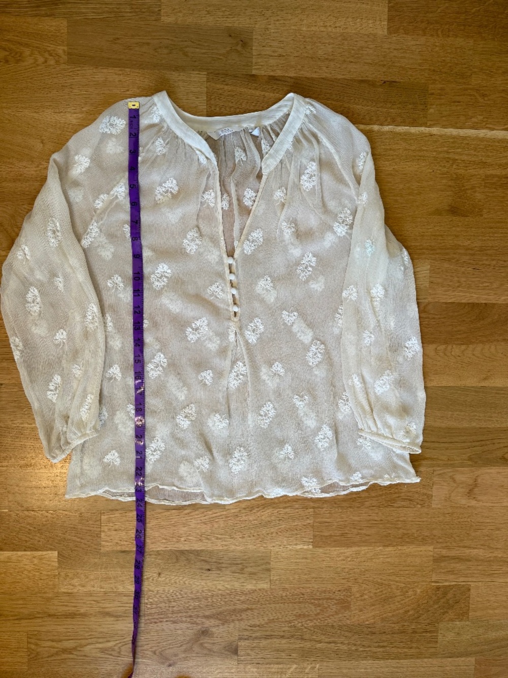 ZOA New York 100% Silk Embroidered Ivory Peasant Blouse Anthropologie S